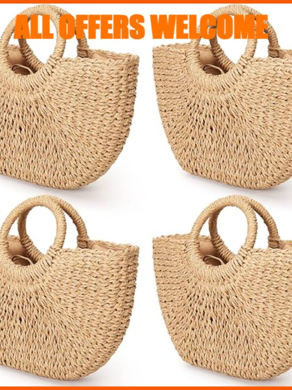 Rattan Straw Woven Tote Handbag with Cotton Lining Big Capacity Travel